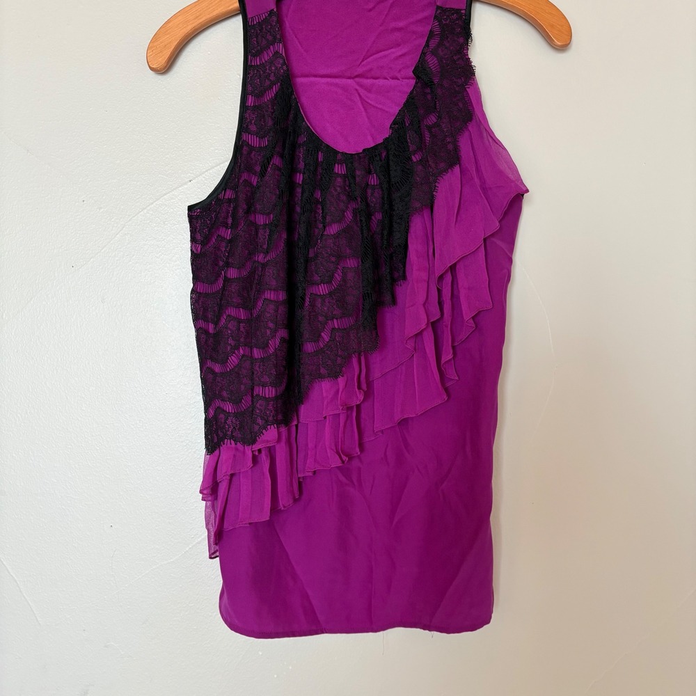 Cynthia Steffe Silk Purple Tank Top Black Lace Ruffle Sleeveless Blouse SZ S